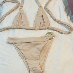 Monday Swimwear Ribbed Beige Bikini Set with Ring Detail
